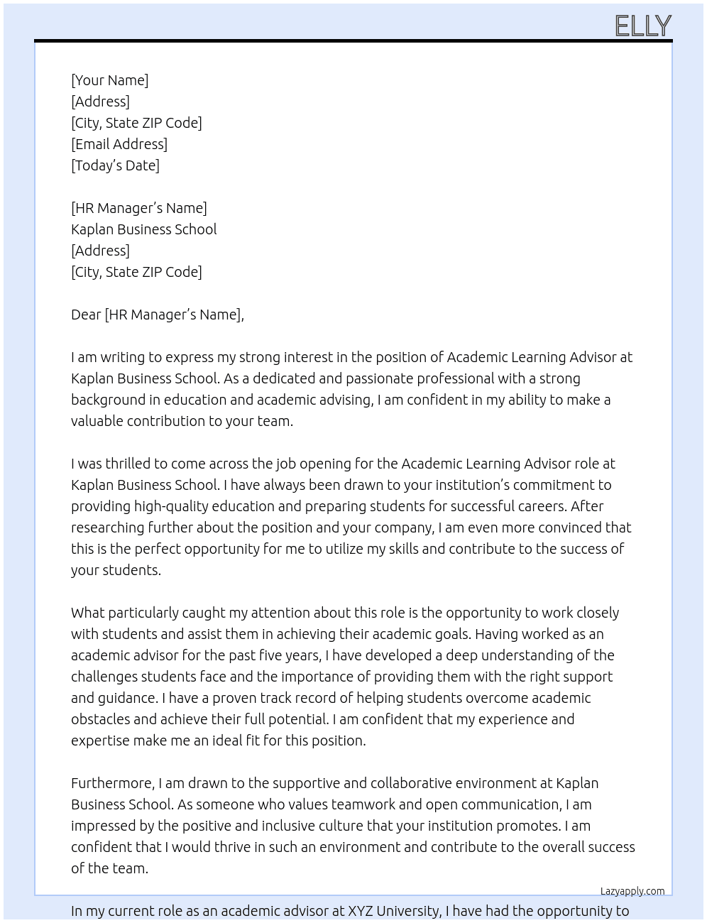 Academic Learning Advisor At Kaplan Business School Cover Letter