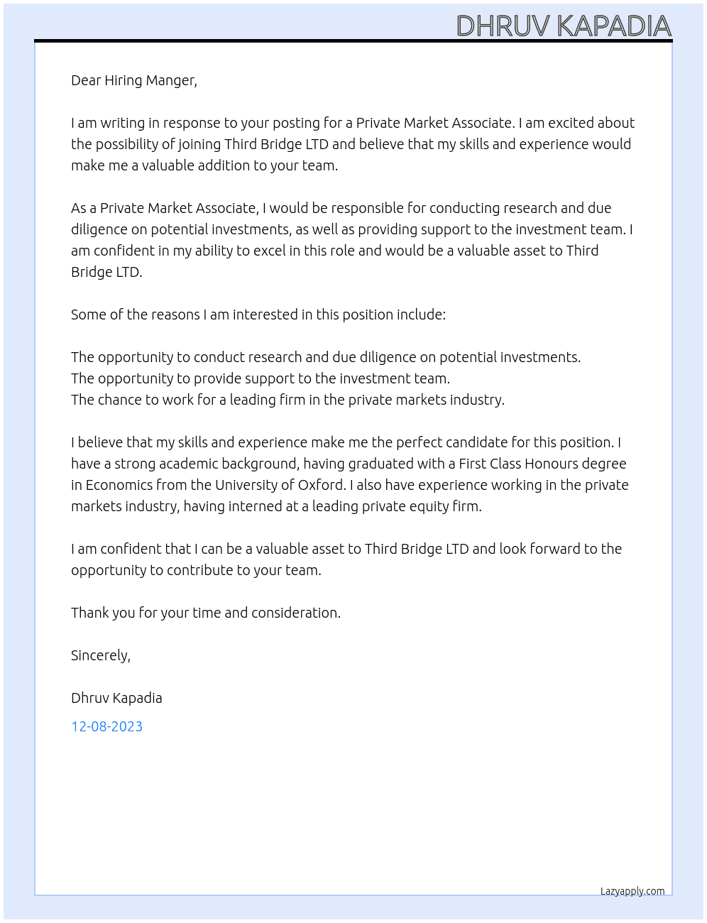 PRIVATE MARKET ASSOCIATE At Third bridge LTD Cover Letter