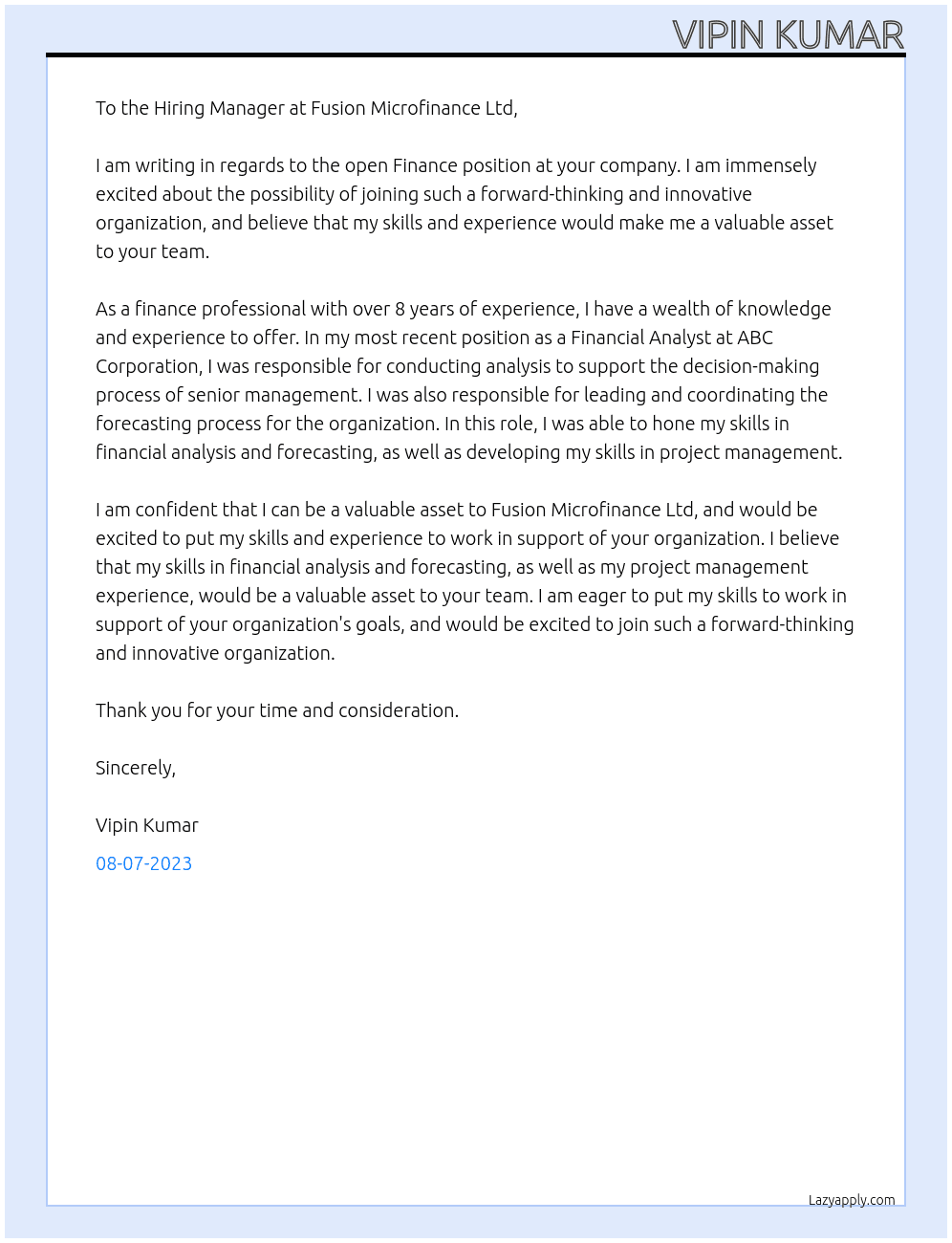 Finance  At Fusion micro finance ltd Cover Letter