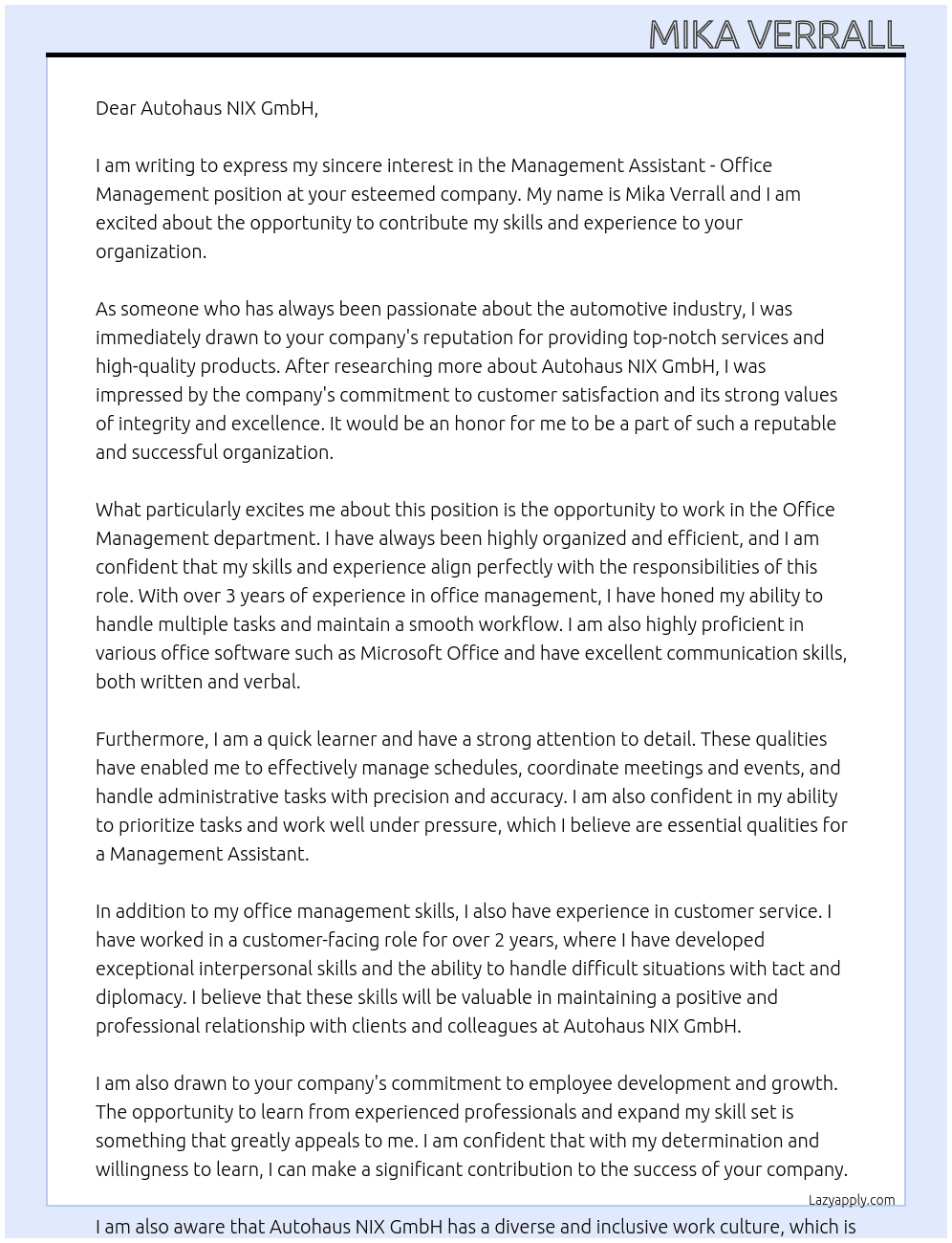 Management assistant - Office management At Autohaus NIX GmbH Cover Letter