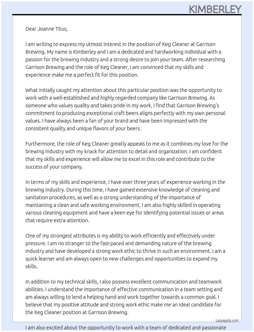 Keg cleaner At Garrison brewing  Cover Letter