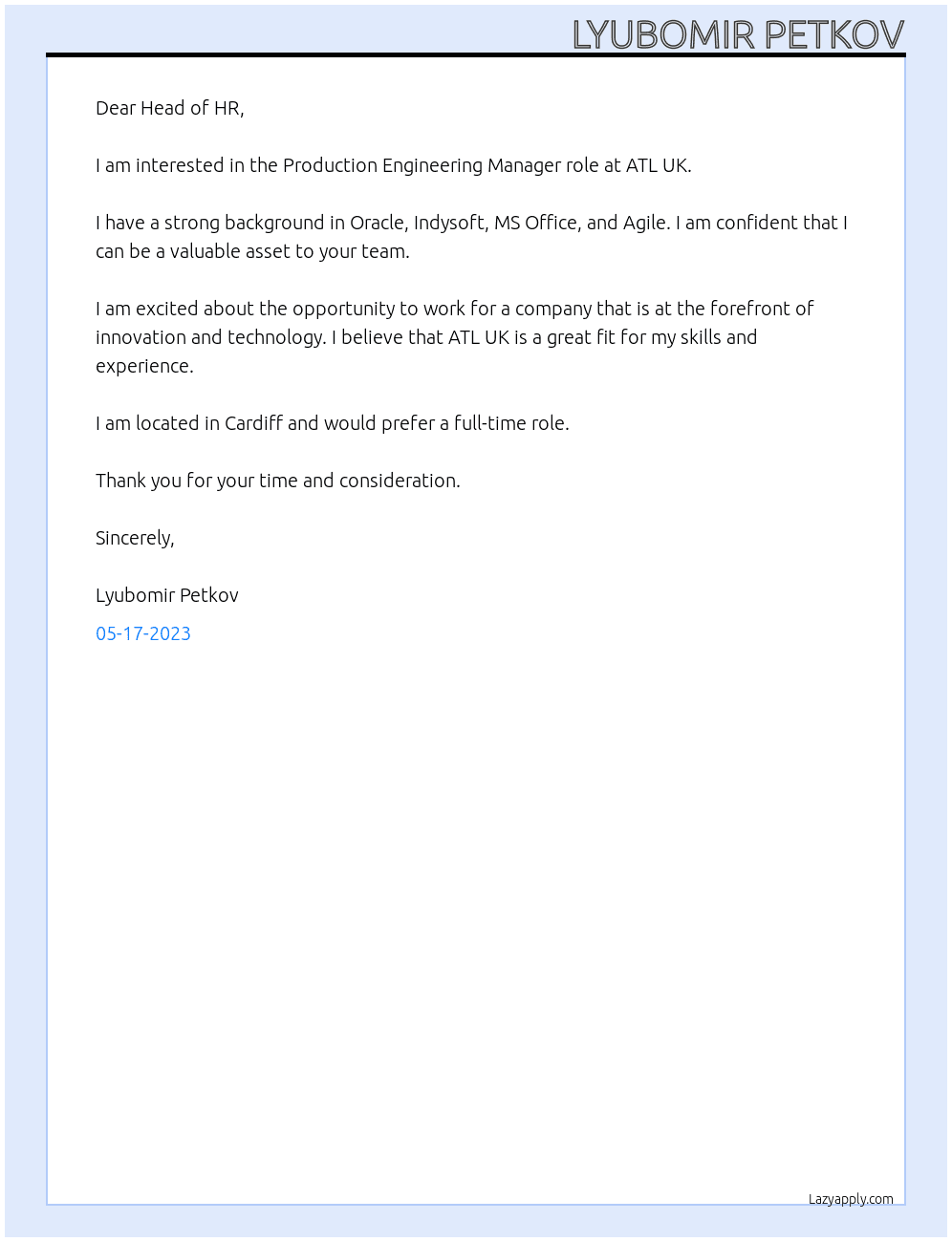 Production Engineering  Manager At ATL UK Cover Letter