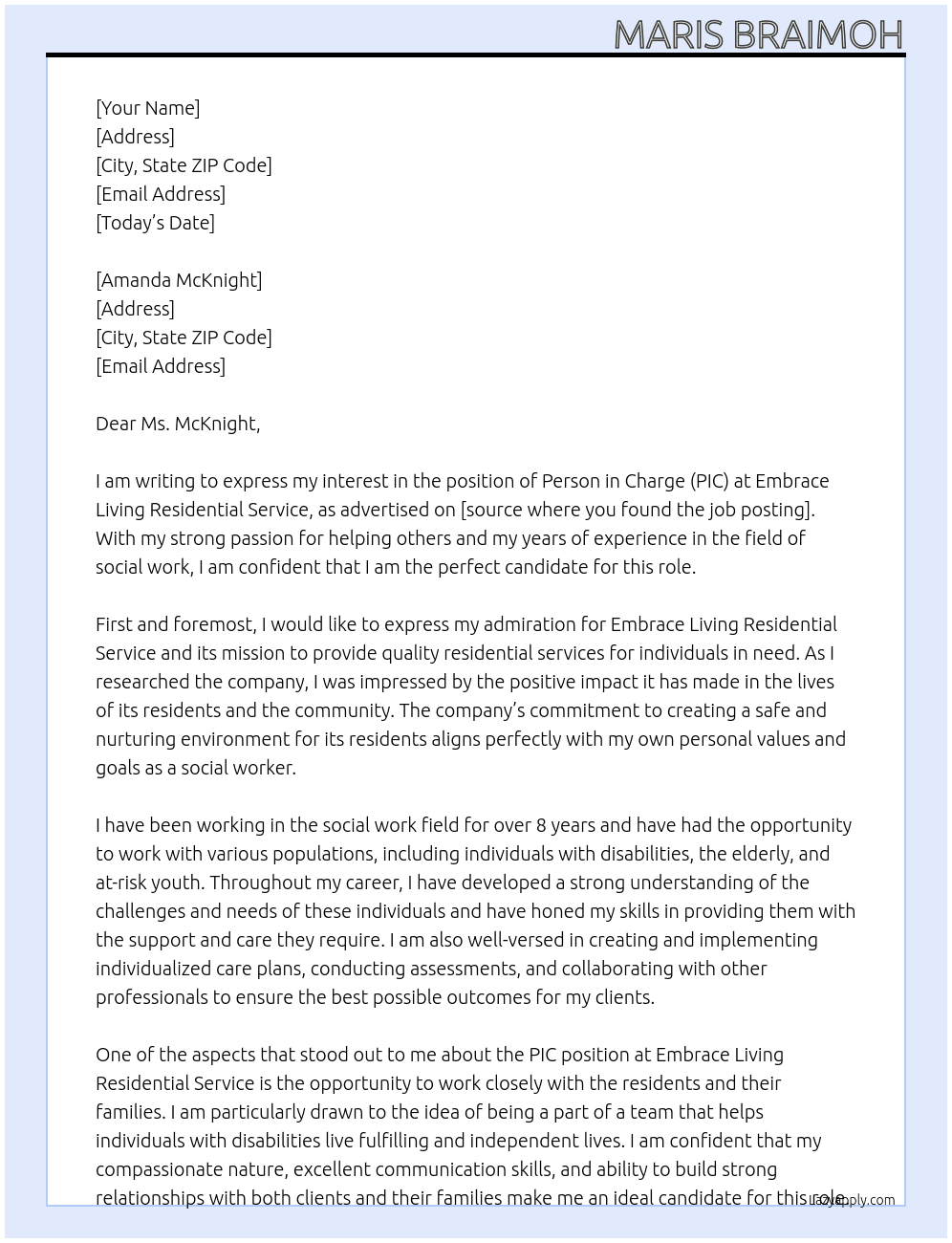 Person in charge(PIC) At Embrace Living Residential Service  Cover Letter