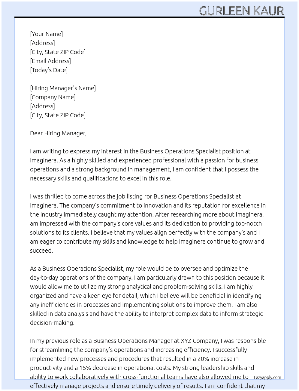 Business Operations Specialist At Imaginera Cover Letter