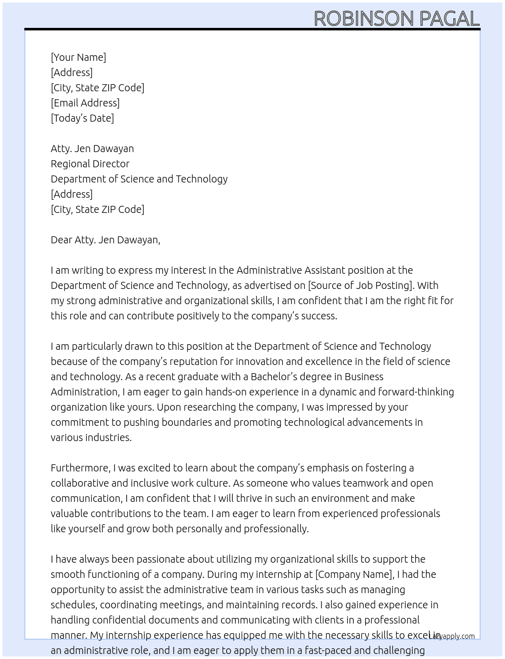 Administrative assistant  At Department of Science and Technology Cover Letter