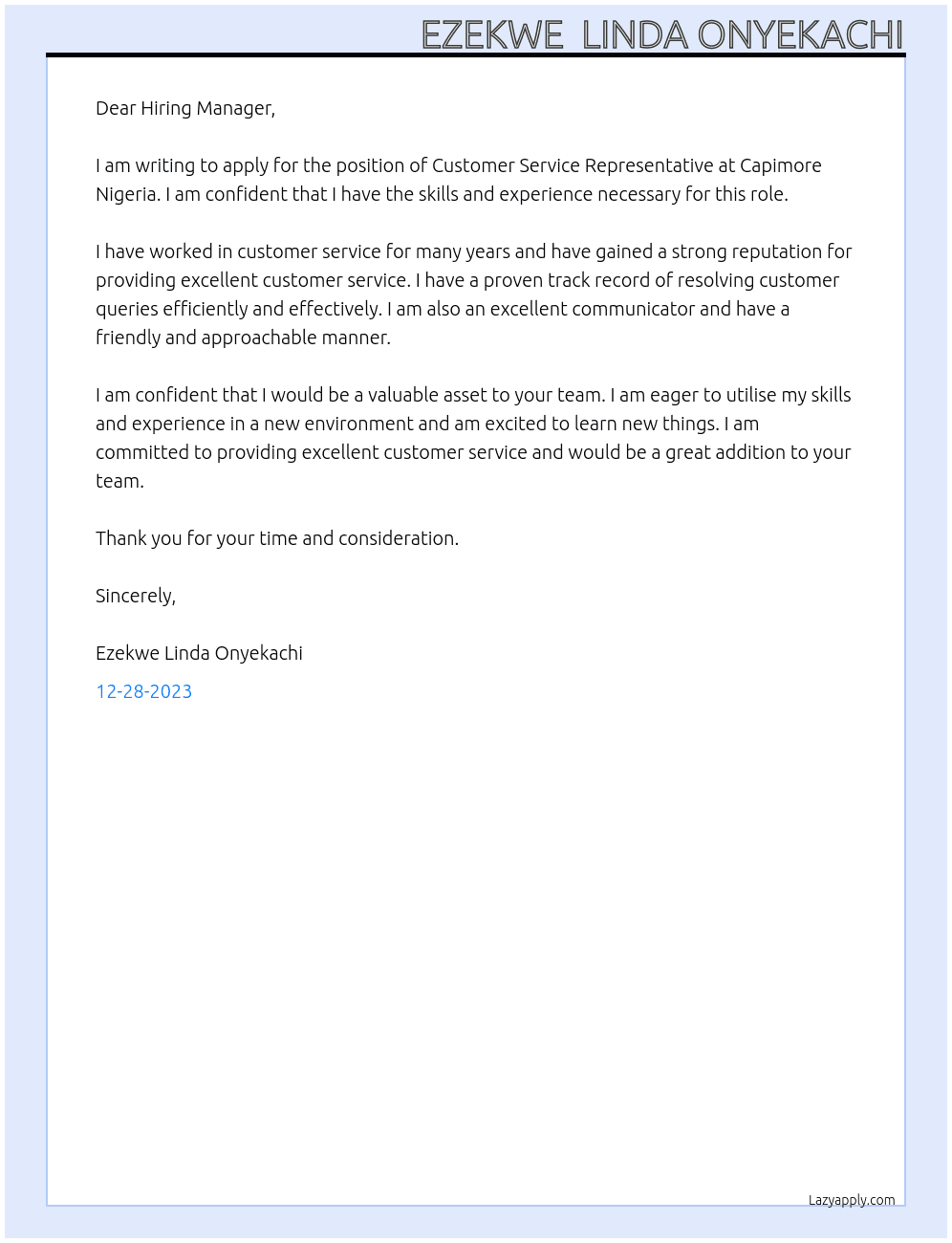 Customer service Representative  At Capimore Nigeria  Cover Letter