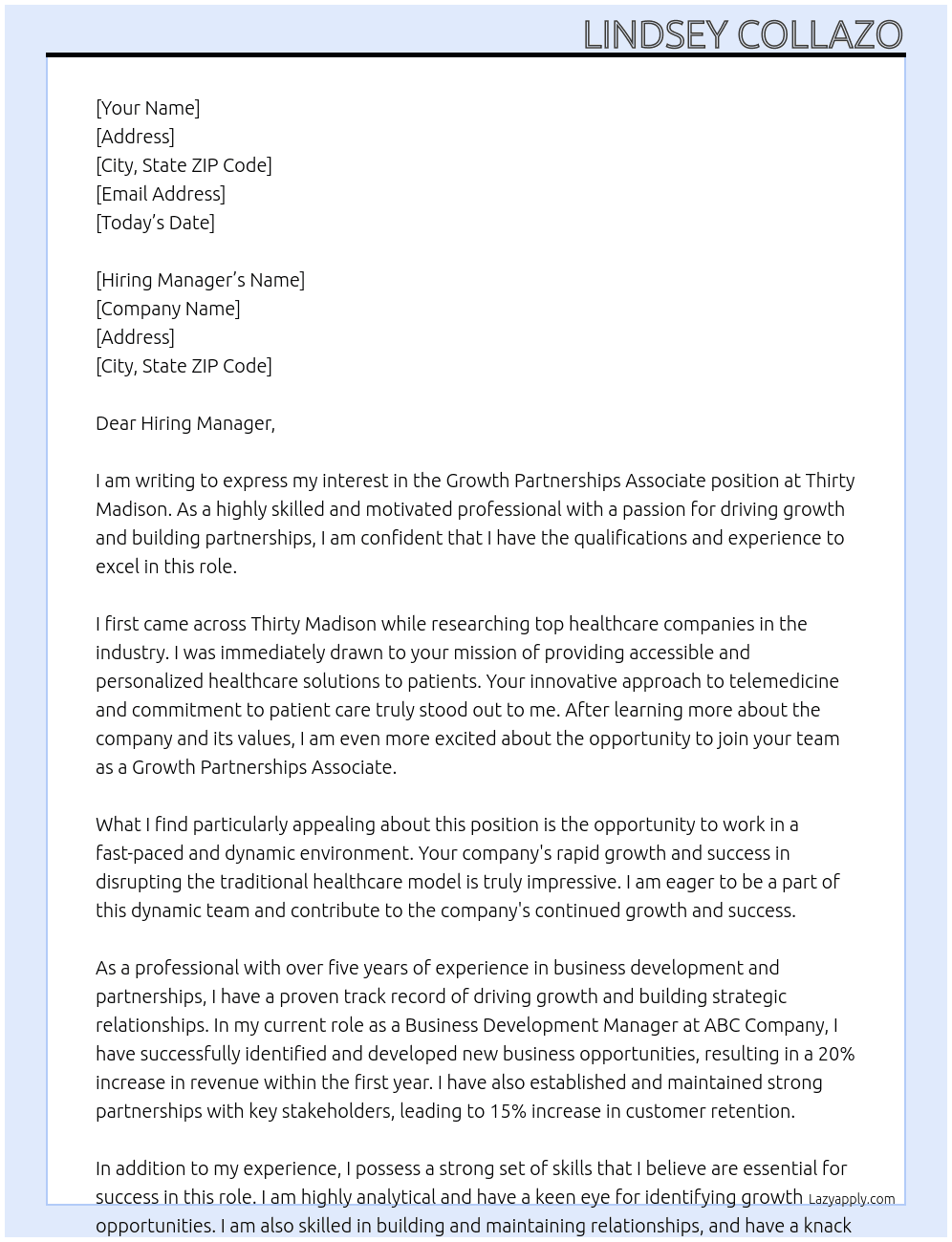 Growth Partnerships Associate At Thirty Madison Cover Letter