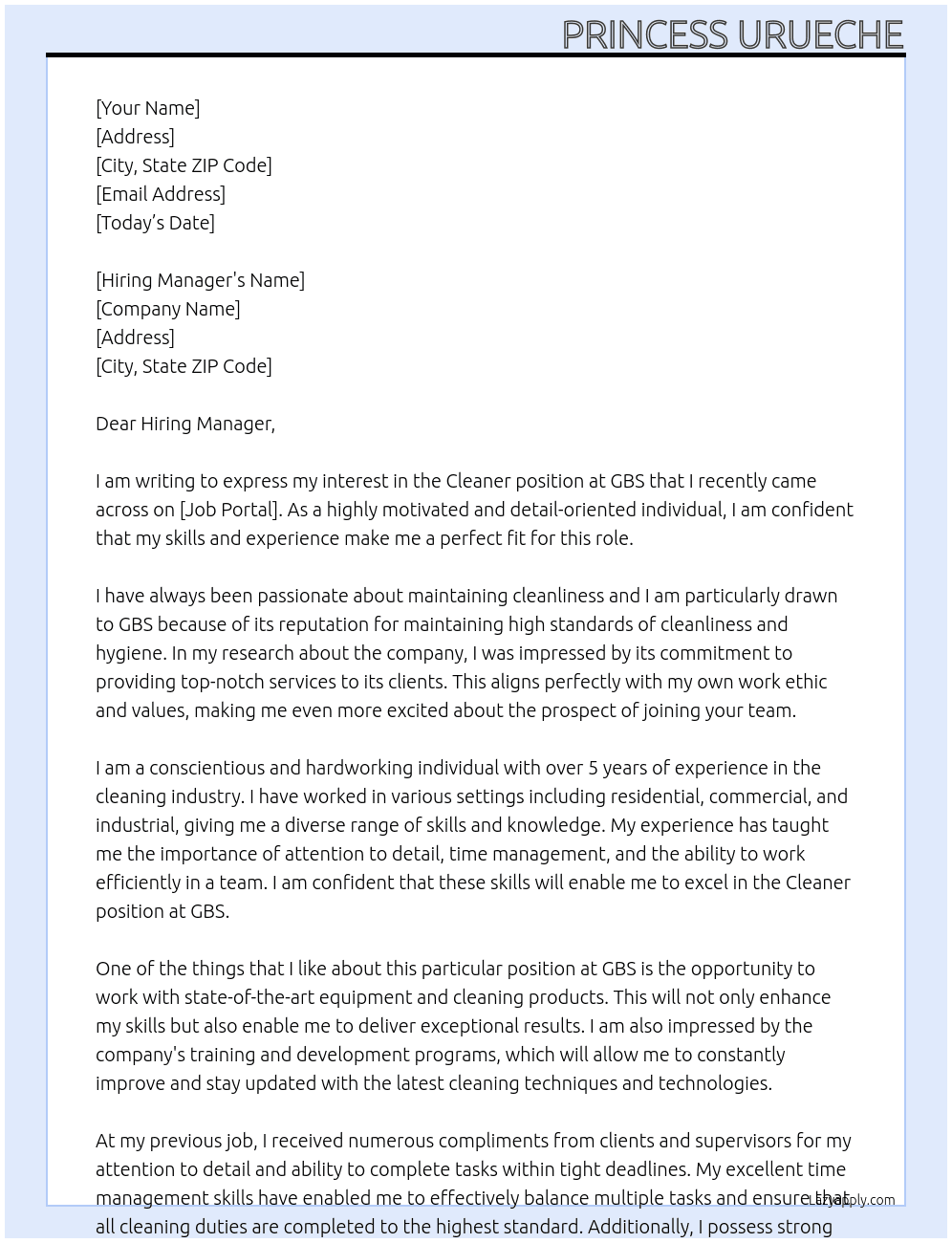 Cleaner  At GBS Cover Letter