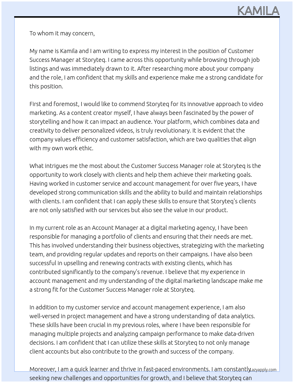  Customer Success Manager At Storyteq  Cover Letter