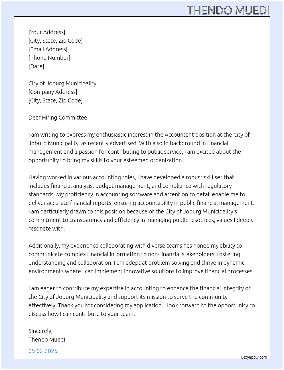 Accountant At City Of Tshwane Municipality Cover Letter