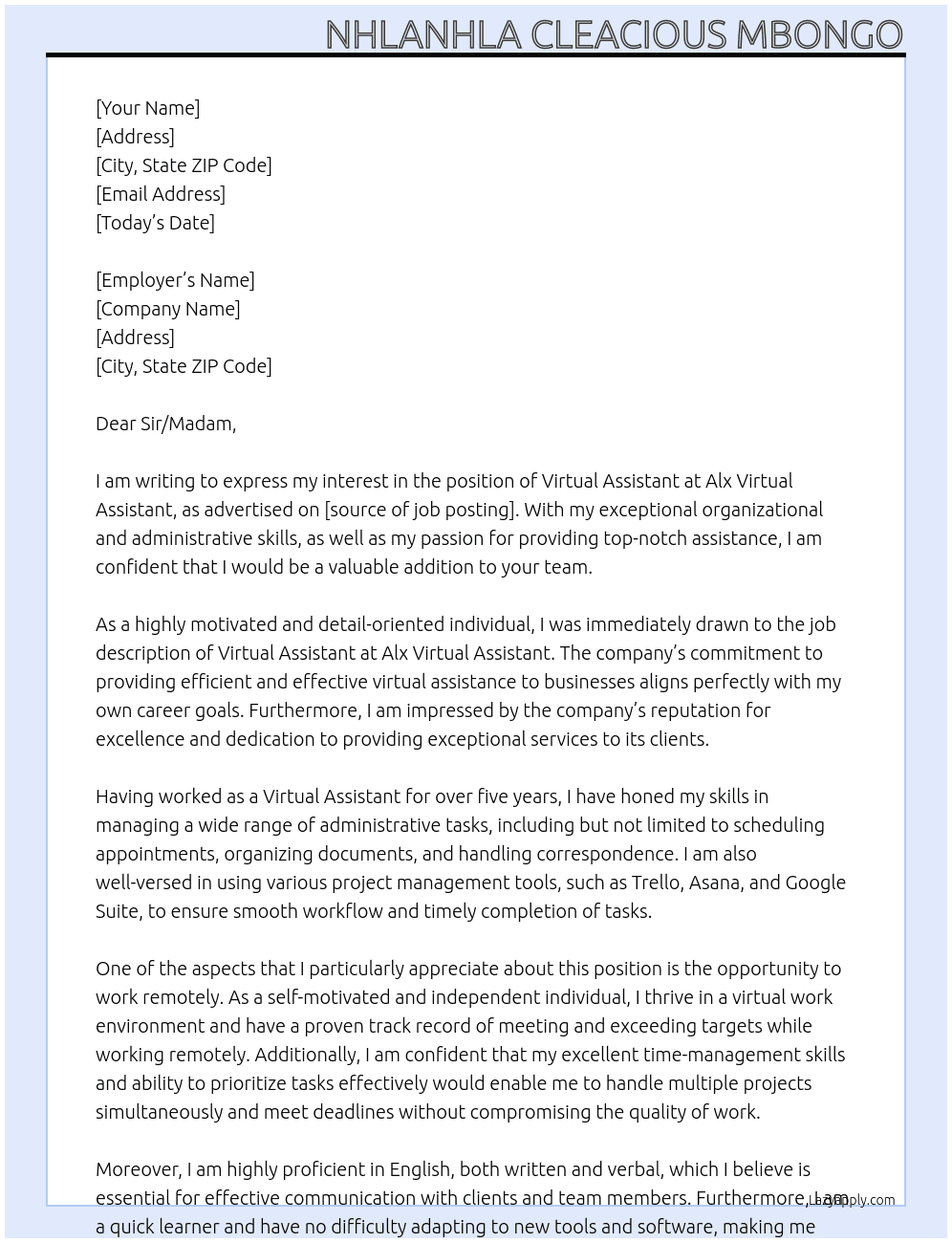 virtual assistant  At Alx Virtual Assistant  Cover Letter