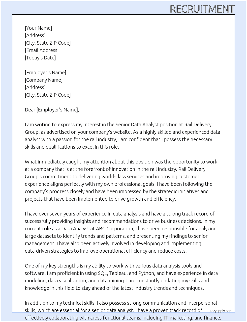 Senior Data Analyst At Rail Delivery Group Cover Letter