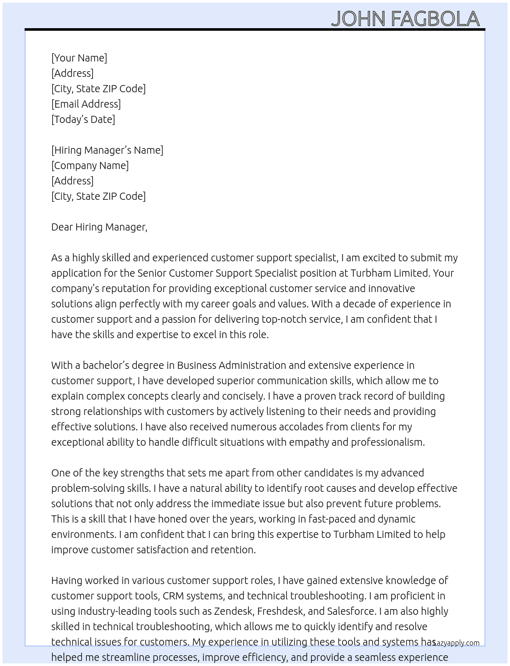 Senior Customer Support Specialist At Turbham Limited Cover Letter