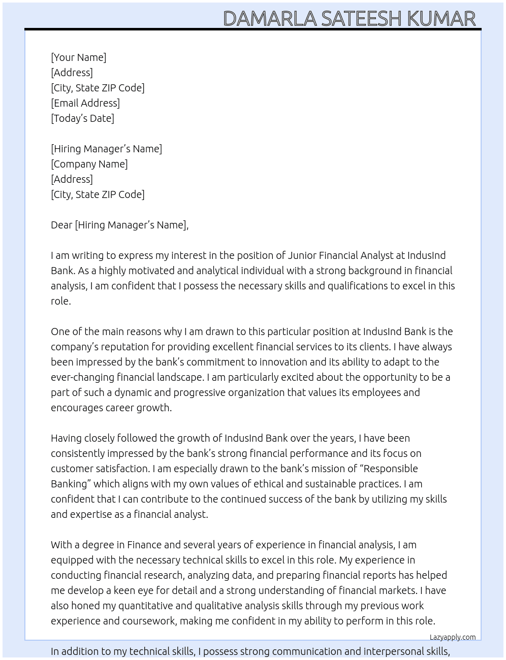 Junior Financial analyst  At IndusInd bank  Cover Letter