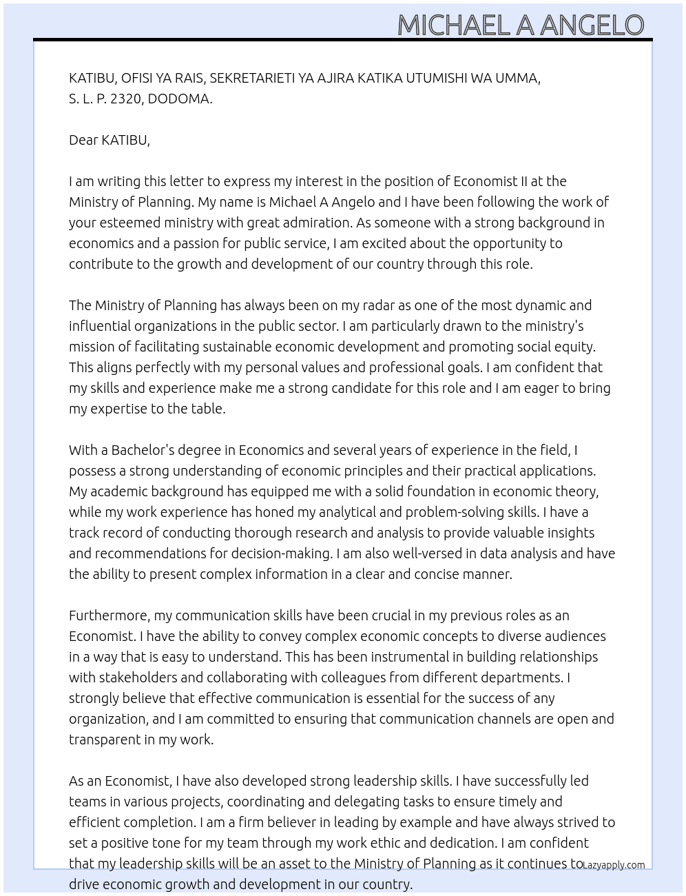 Economist II  At Ministry of planning  Cover Letter