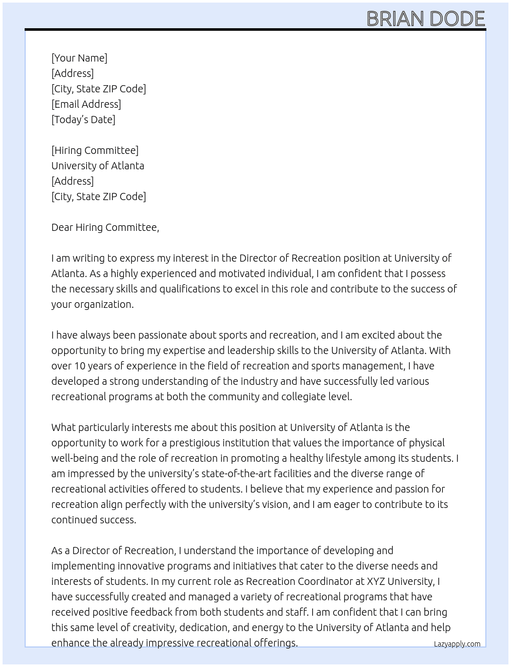 Director of Recreation At University of Atlanta Cover Letter