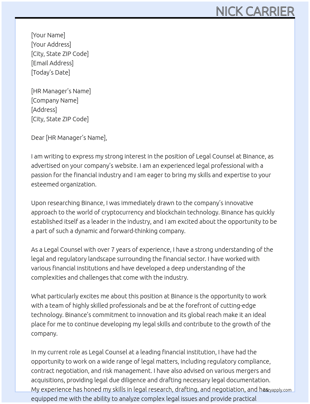 Legal Counsel  At Binanace Cover Letter