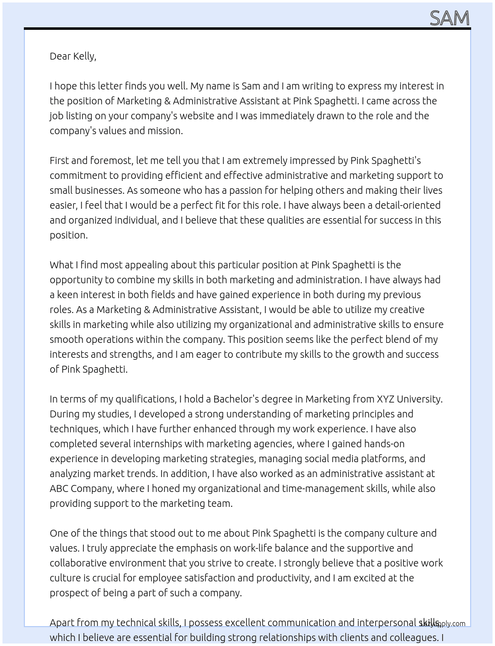 Marketing & administrative Assitant At Pink Spaghetti Cover Letter