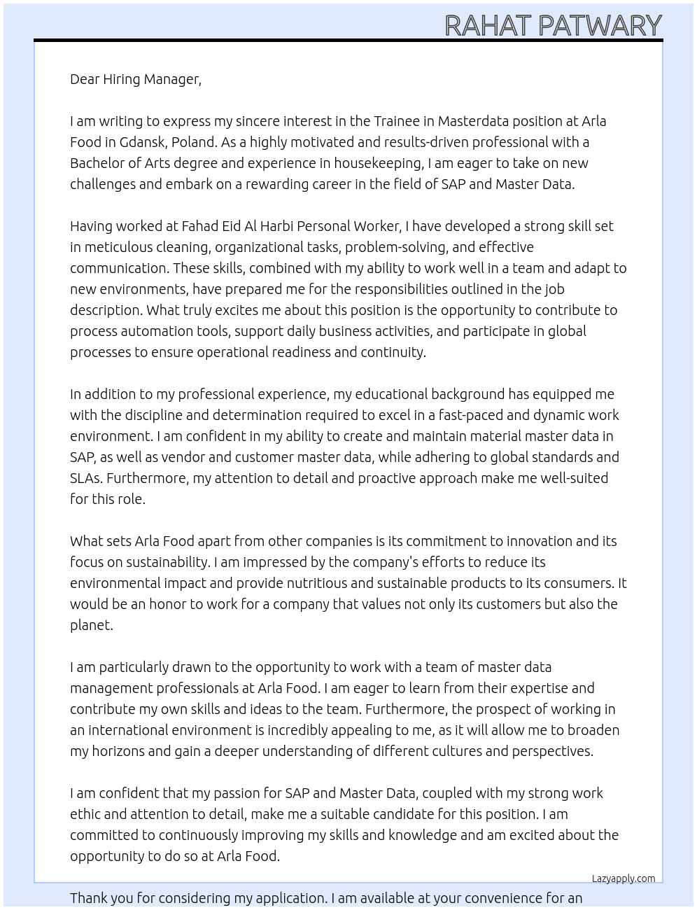Trainee in Masterdata At Arla Food Cover Letter