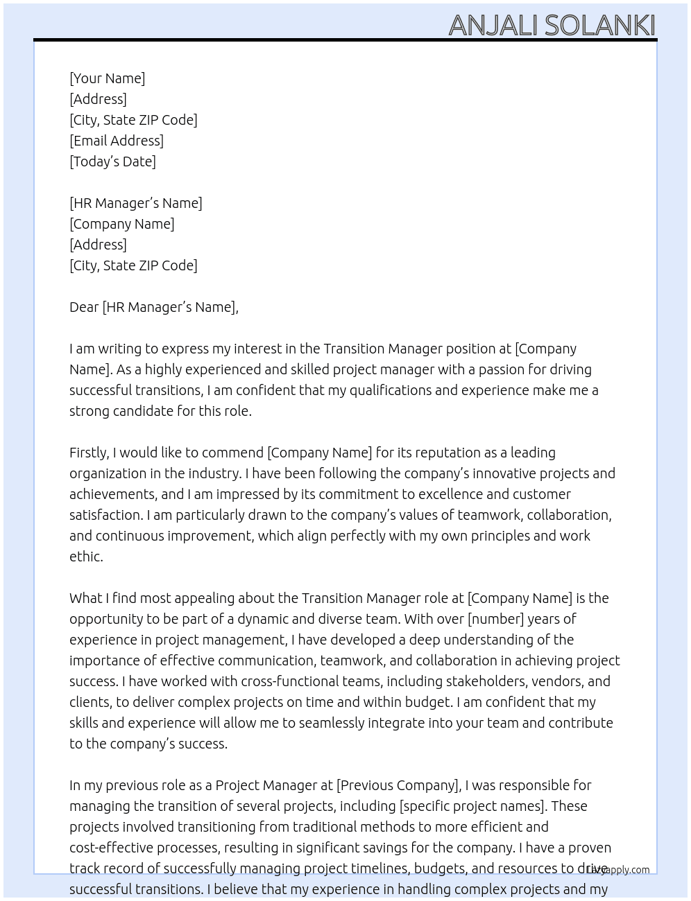 Transition Manager At Any Cover Letter