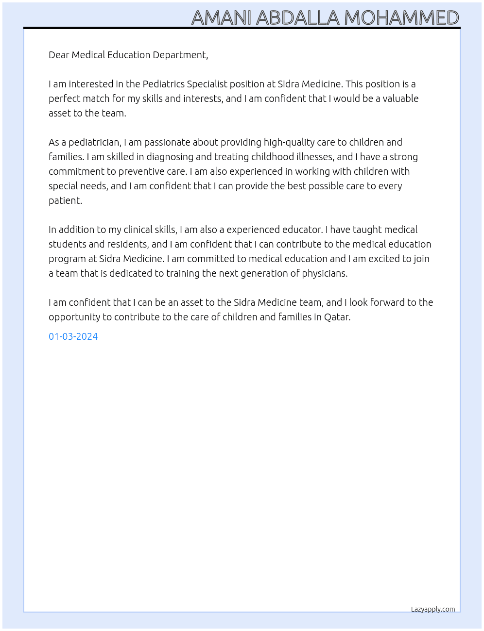 Pediatrics Specialist At SIDRA MEDICINE Cover Letter