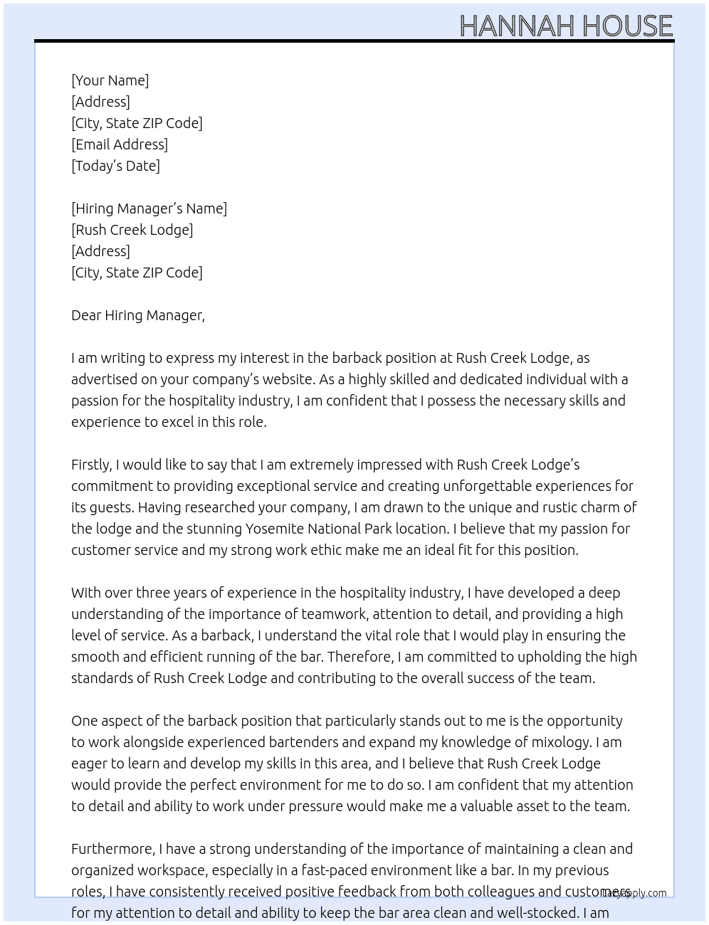 barback At rush creek lodge Cover Letter
