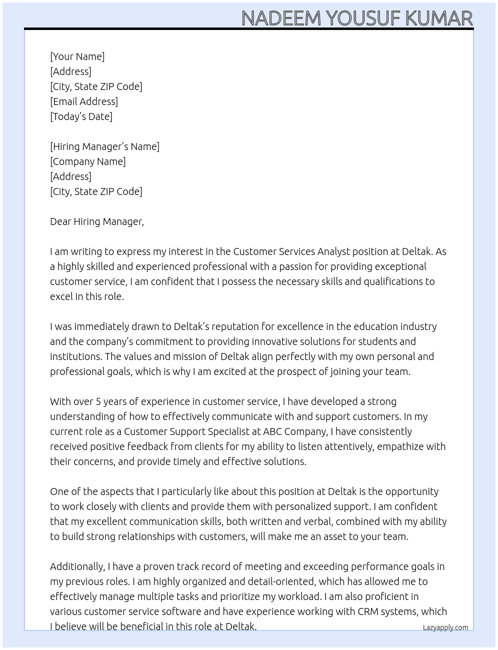 Customer Services Analyst At Deltak Cover Letter