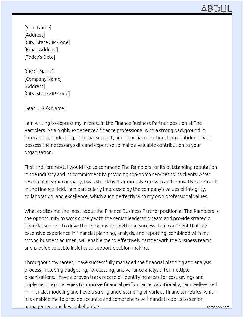 Finance Business Partner At The Ramblers Cover Letter