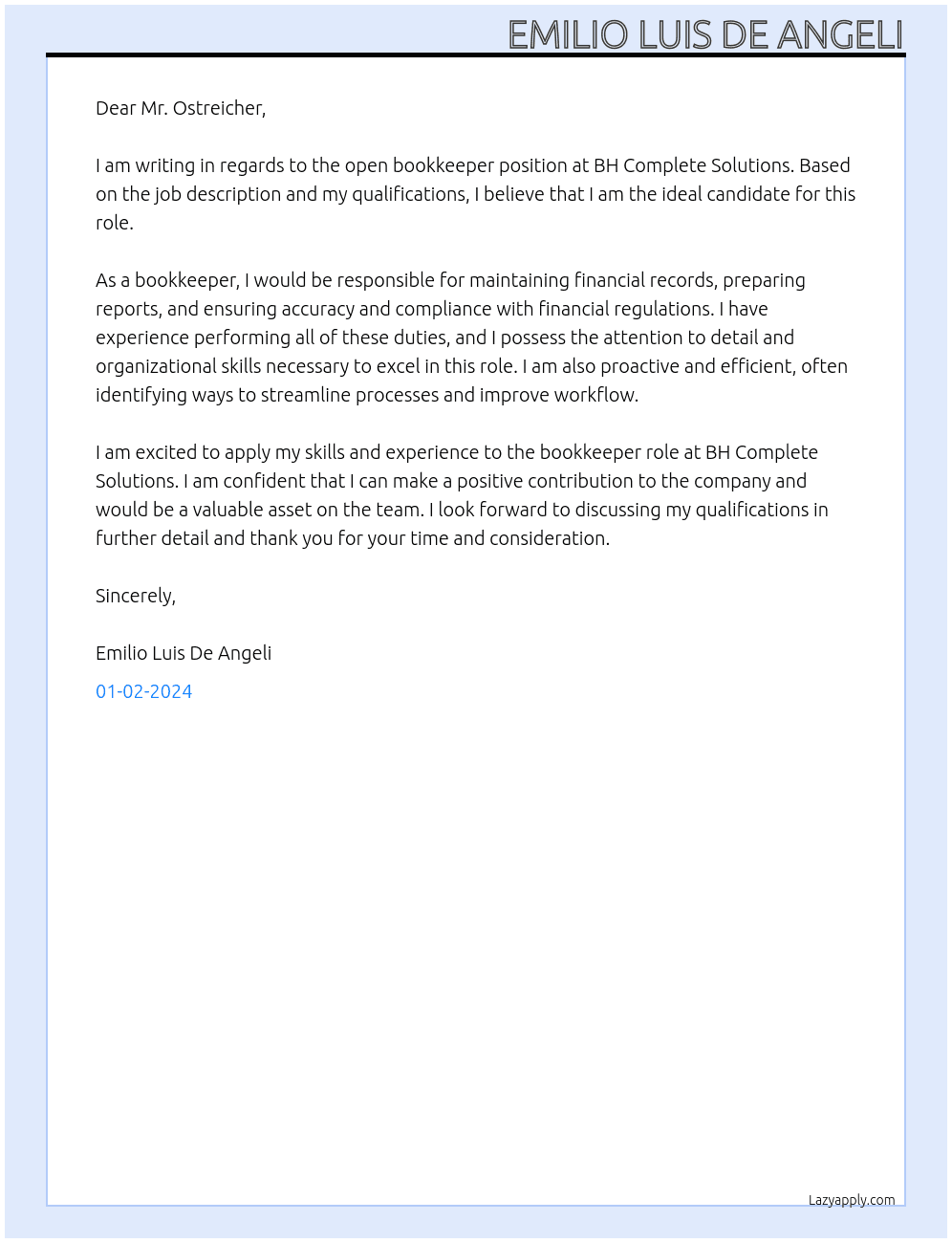 Bookkeeper At CEO, BH Complete Solutions Cover Letter