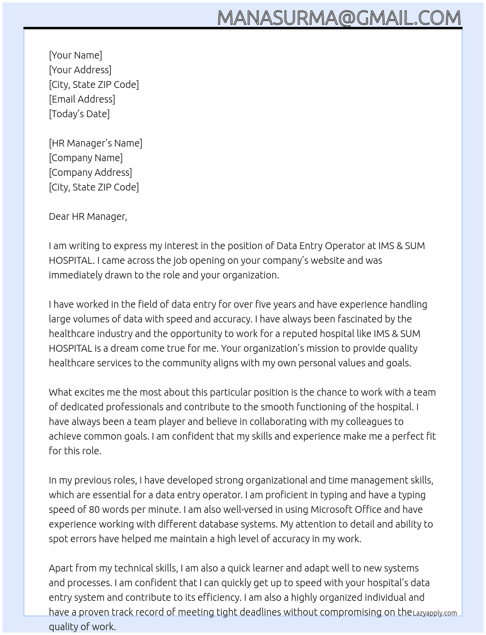 DATA ENTRY OPERATOR At IMS & SUM HOSPITAL Cover Letter