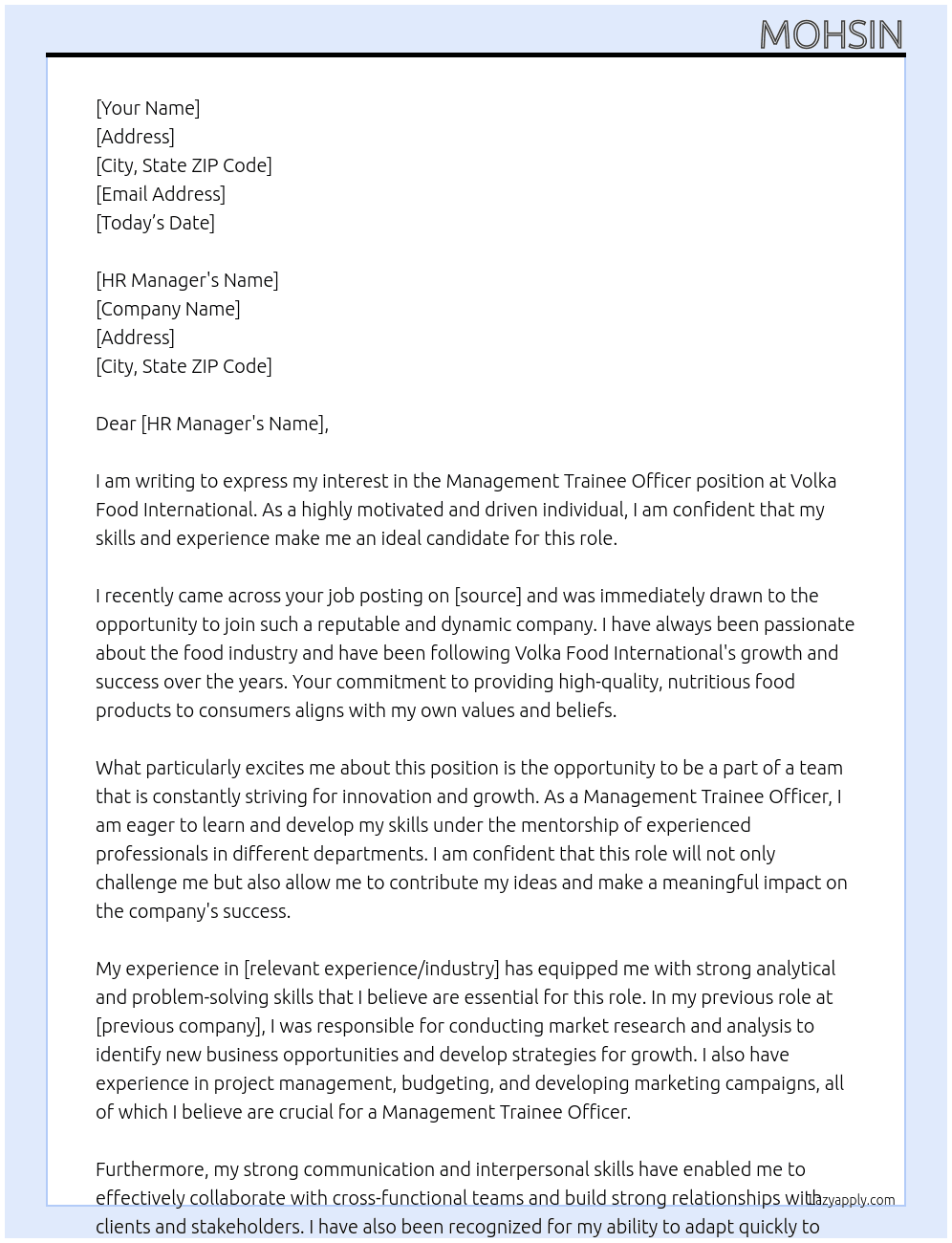 Management Trainee officer At Volka Food International Cover Letter