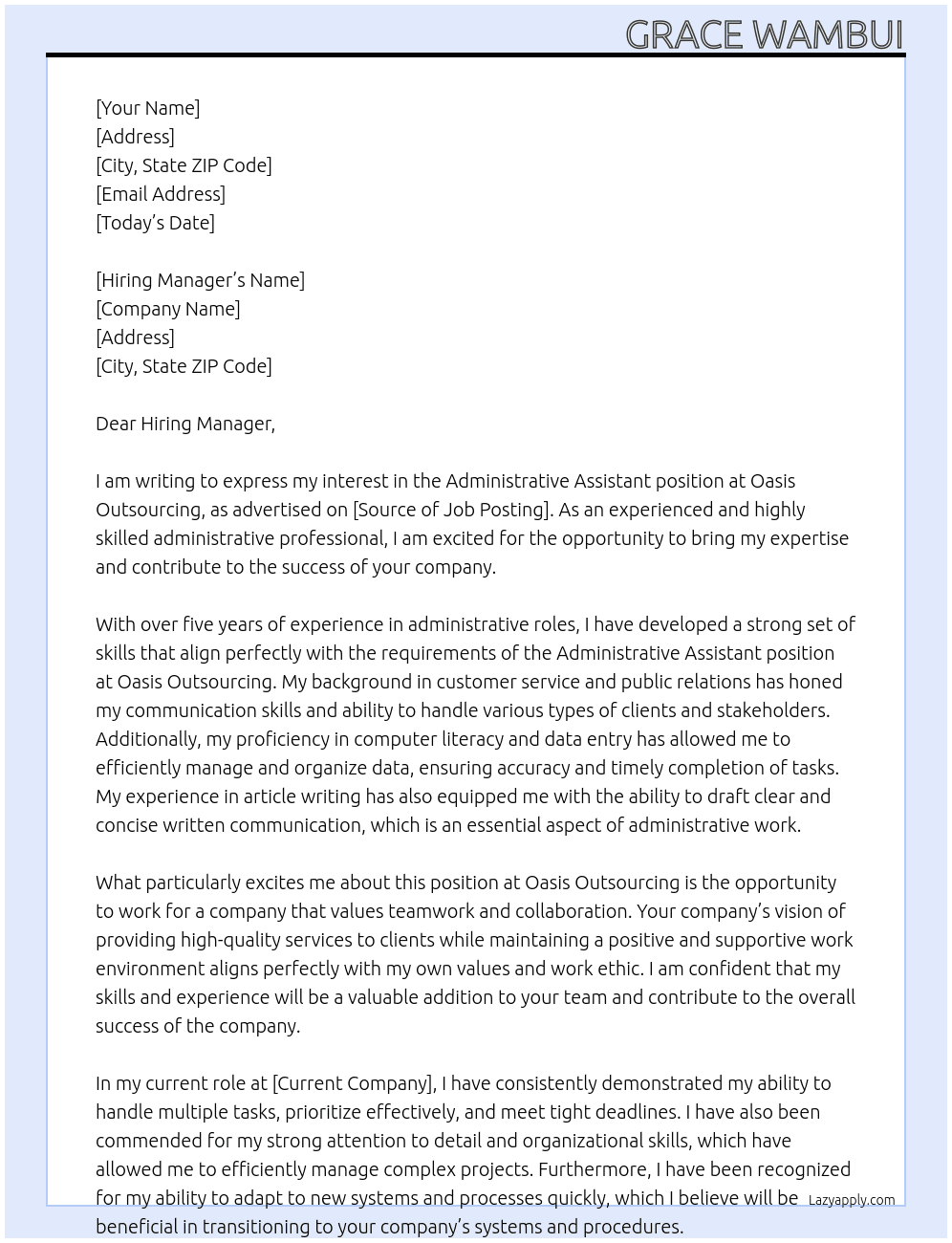 Administrative assistant At Oasis Outsourcing Cover Letter