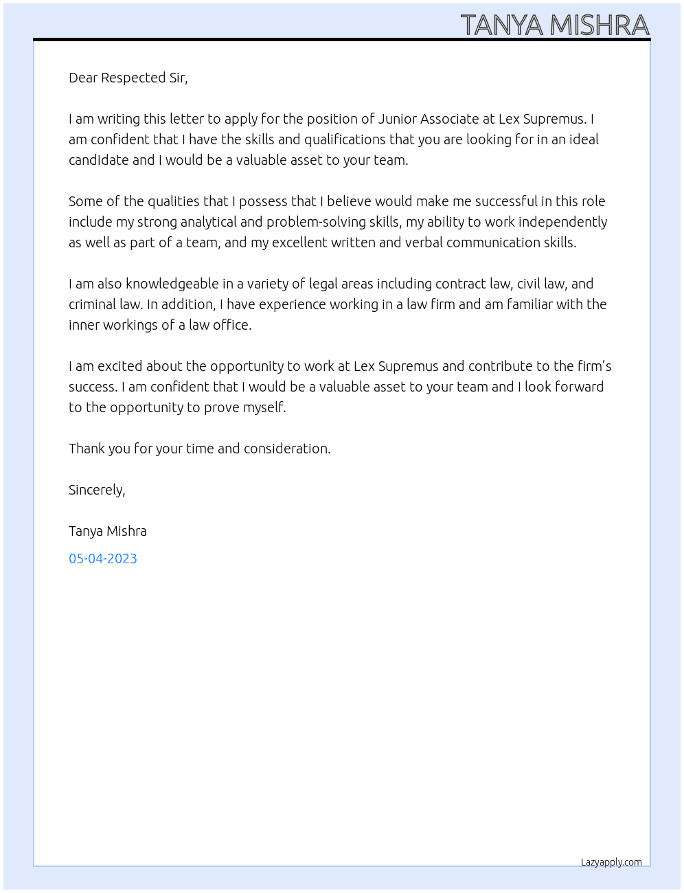 Junior associate  At Lex Supremus  Cover Letter