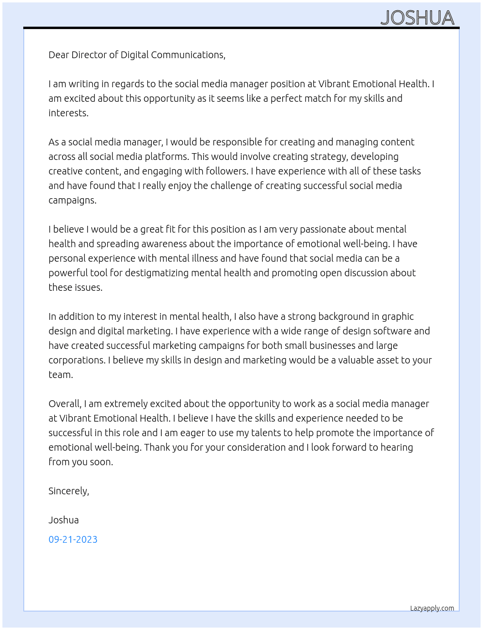 Social media manager  At Vibrant Emotional Health  Cover Letter