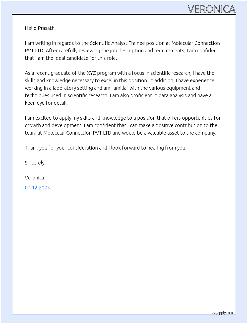 Scientific Analyst Trainee At Molecular Connection PVT LTD Cover Letter