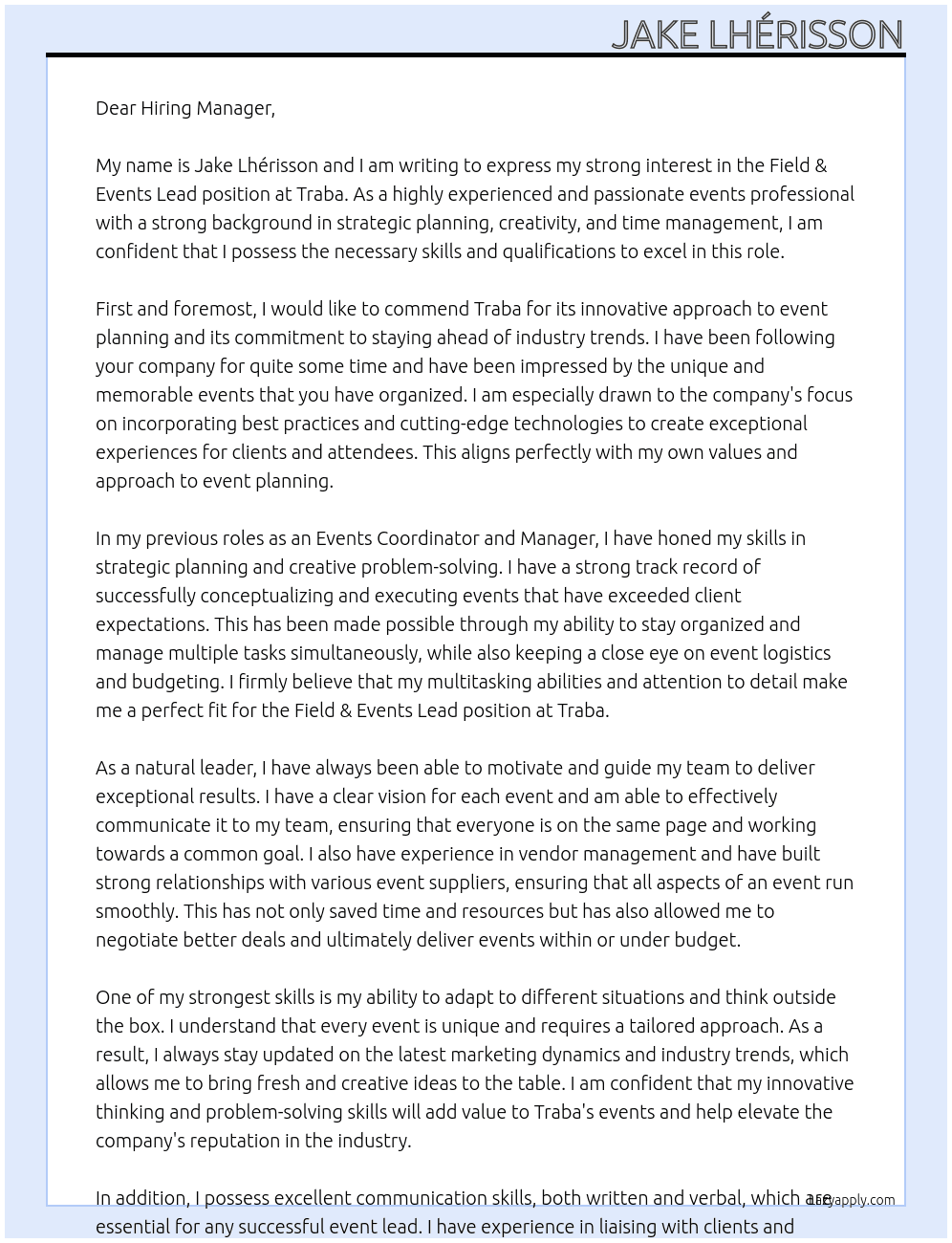 Field & Events Lead At Traba Cover Letter