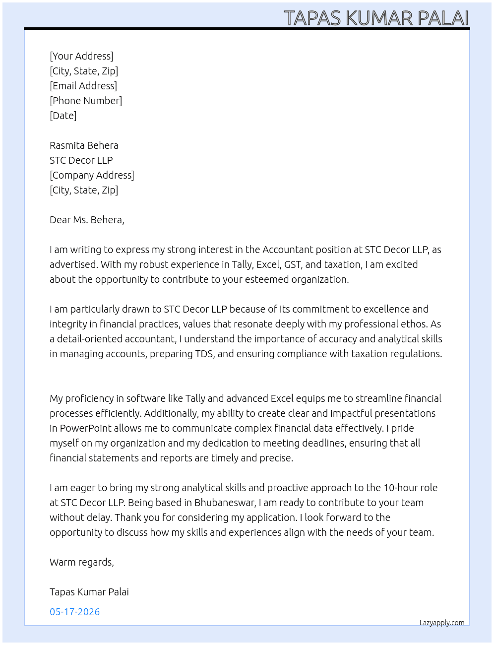 Acoountant At Stc Decor Llp Cover Letter