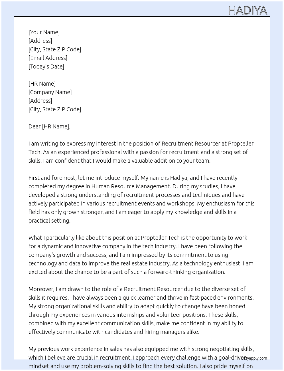 recruitment resourcer  At propteller tech  Cover Letter