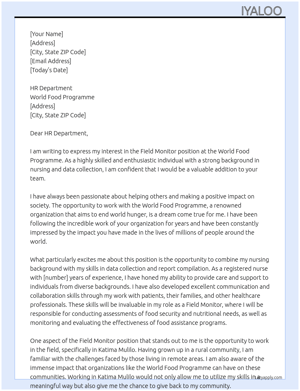 Field Monitor  At World Food Programme Cover Letter