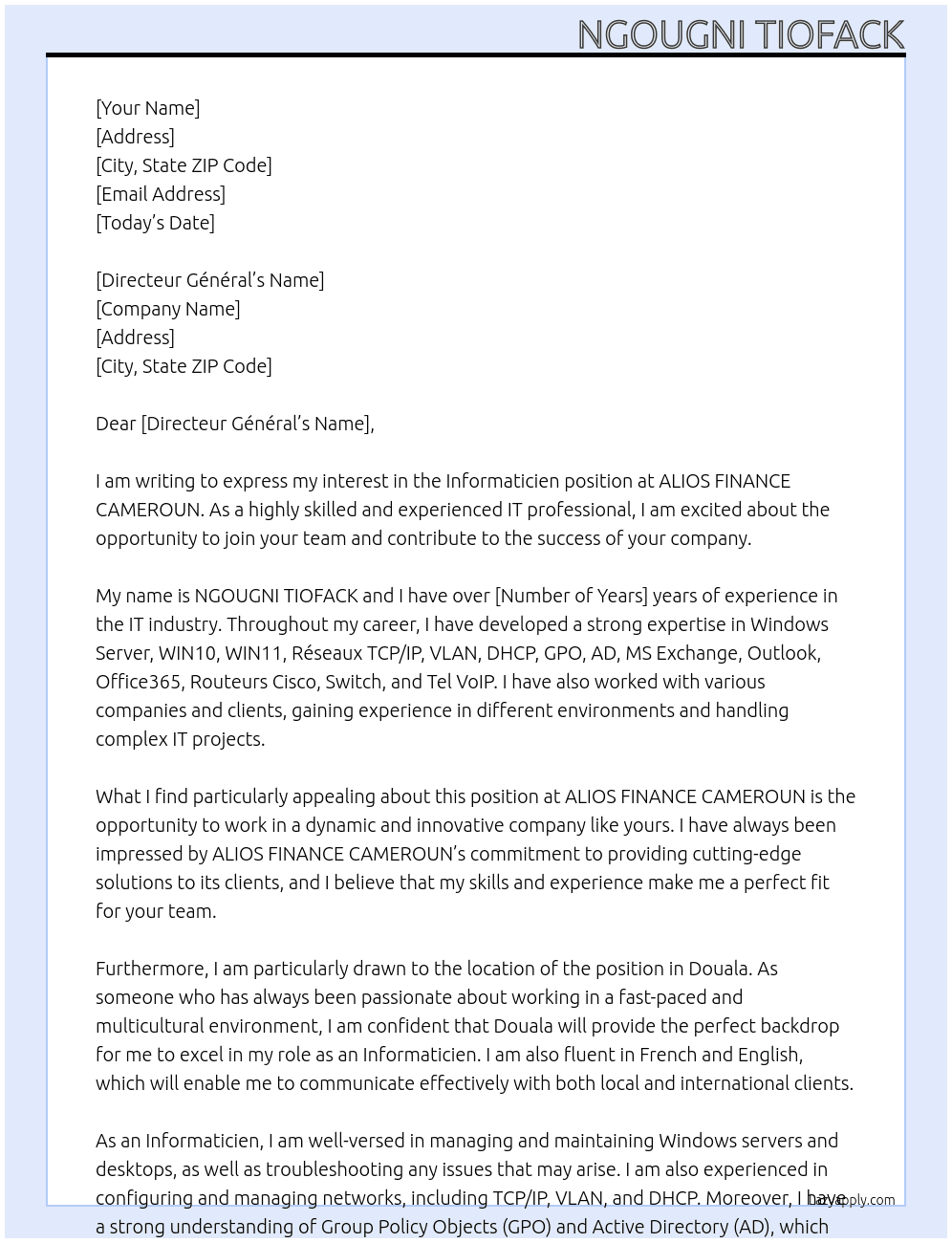 Informaticien At ALIOS FINANCE CAMEROUN Cover Letter