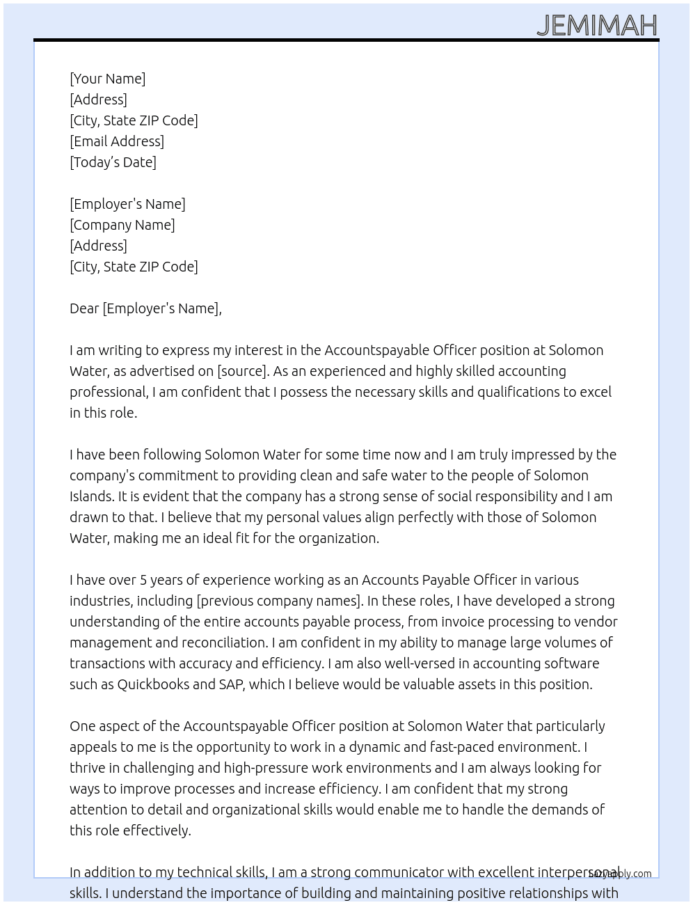 Accountspayable officer At Solomon Water Cover Letter