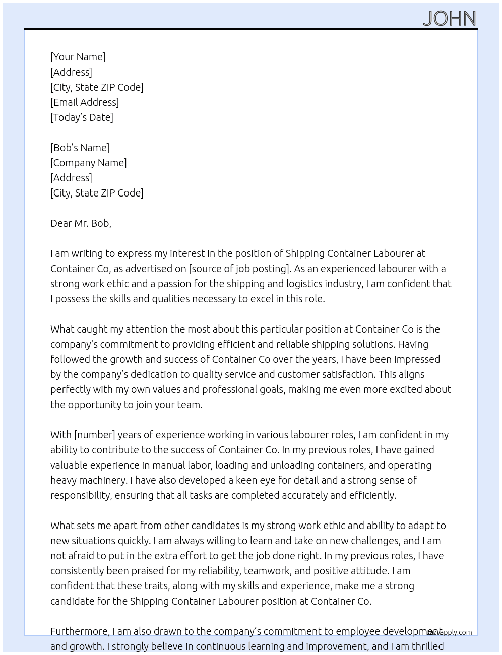 Shipping container labourer  At Container co Cover Letter