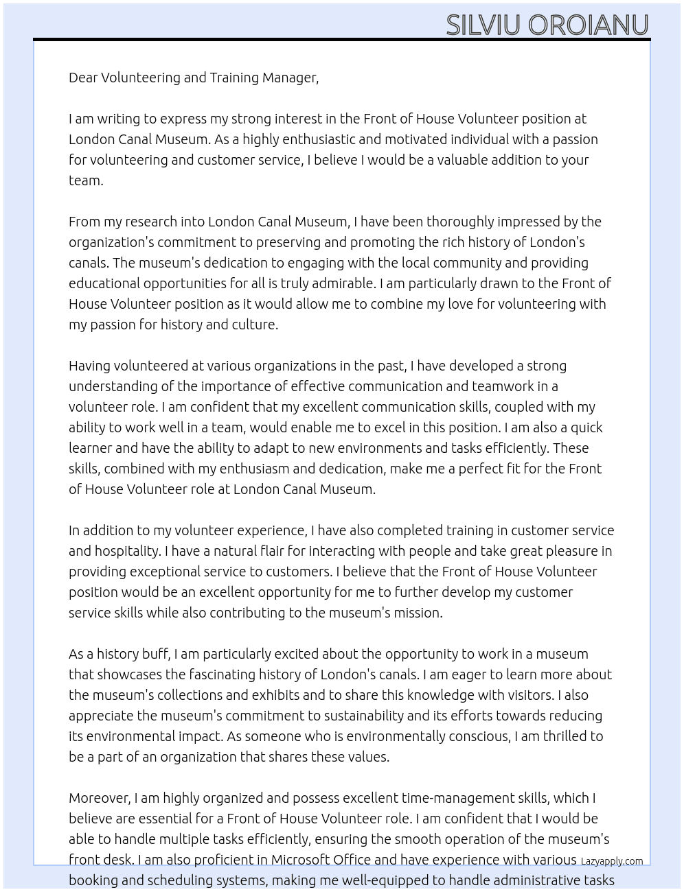 Front of House Volunteer At London Canal Museum Cover Letter