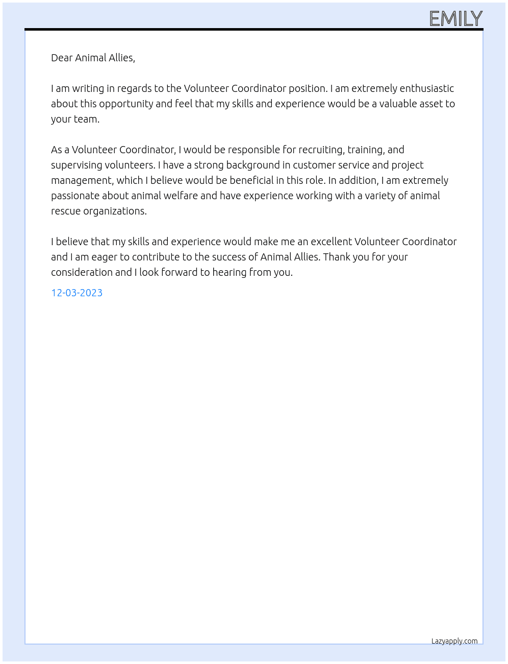 Volunteer Coordinator At Animal Allies Cover Letter