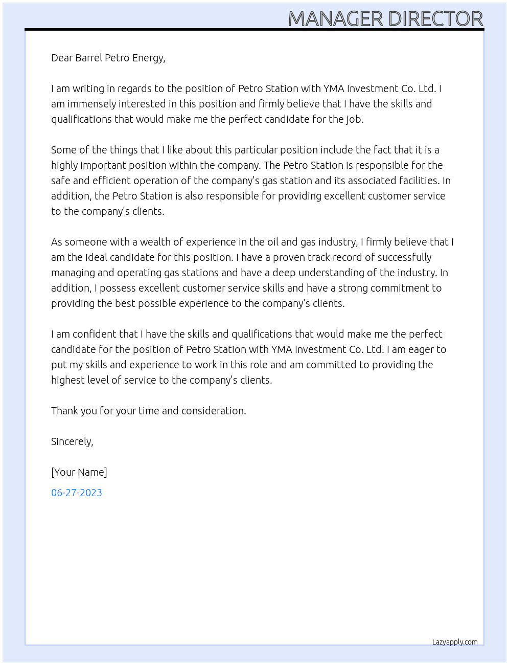 Petro Station At YMA Investment Co. Ltd Cover Letter
