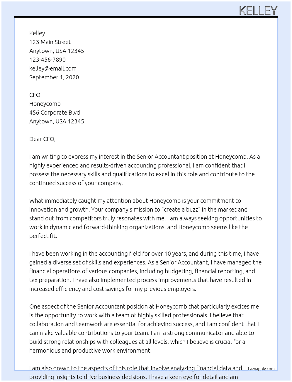 Senior Accountant At Honeycomb Cover Letter