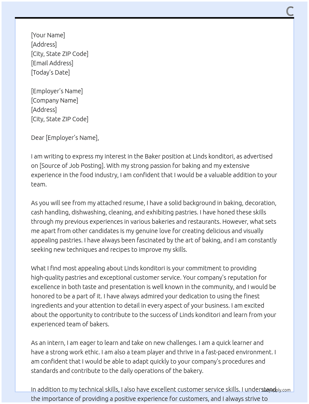 Baker At Linds konditori Cover Letter