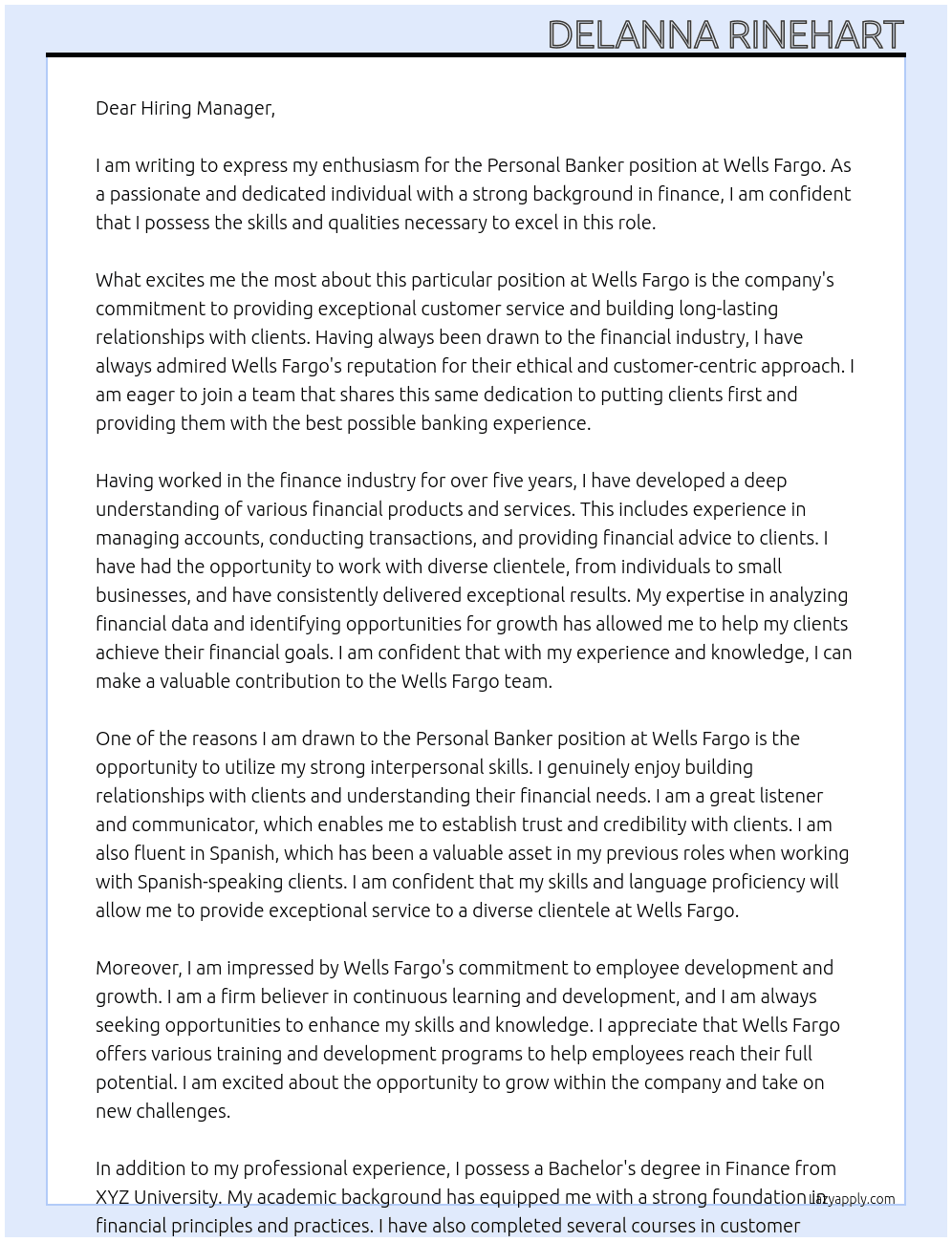 Personal Banker At Wells Fargo Cover Letter