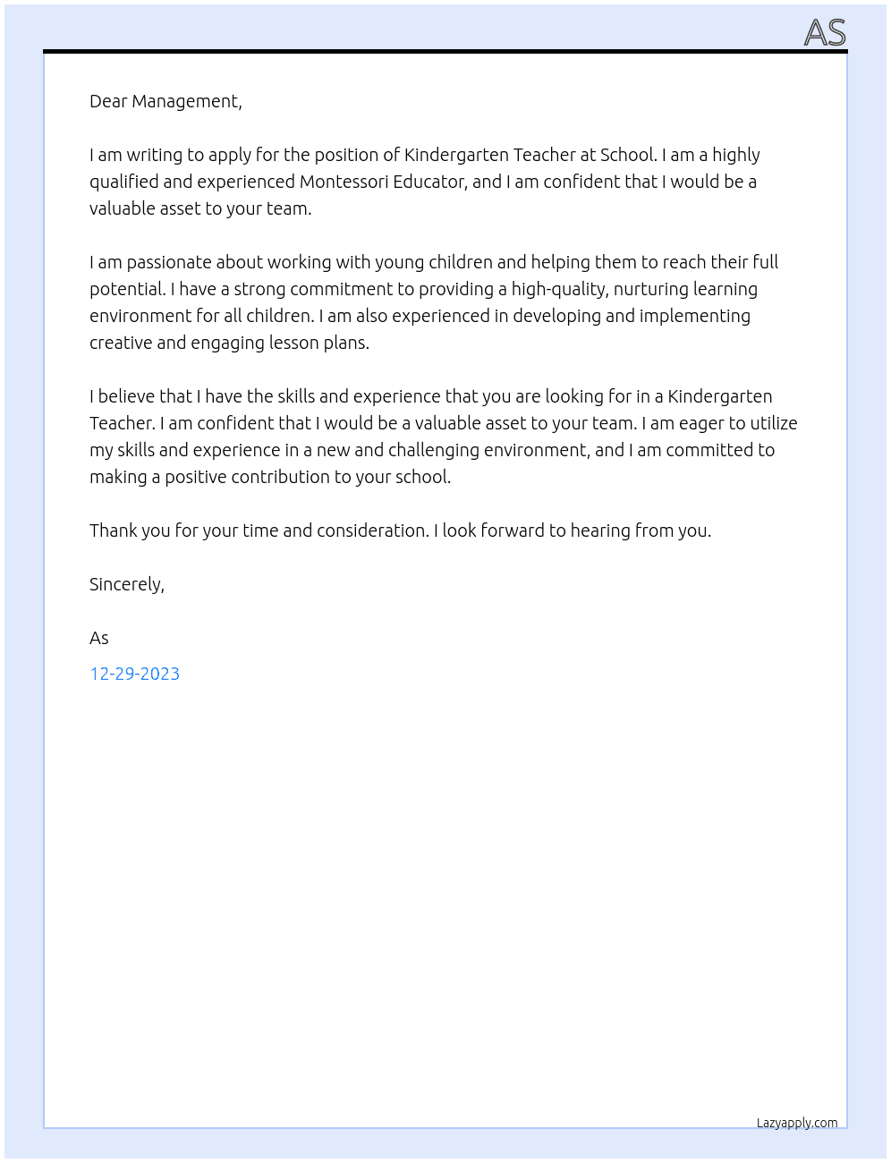 Kindergarten Teacher  At School Cover Letter