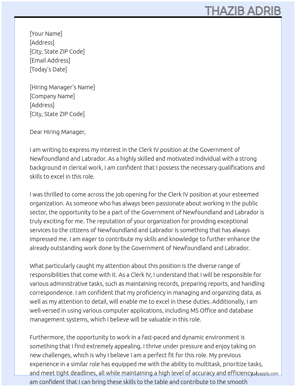 Clerk IV At GOvernment of Newfoundland and Labrador Cover Letter